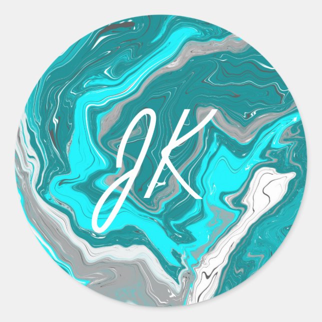 Blue, Teal and Turquoise Marble Fluid Art Monogram Classic Round Sticker (Front)
