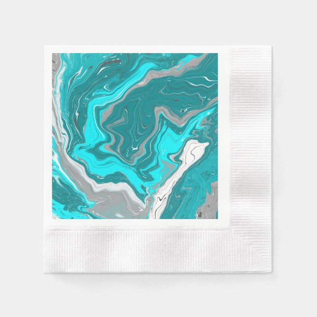 Blue, Teal and Turquoise Marble Fluid Art  Napkin (Front)