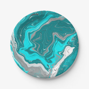 Blue, Teal and Turquoise Marble Fluid Art   Paper Plate