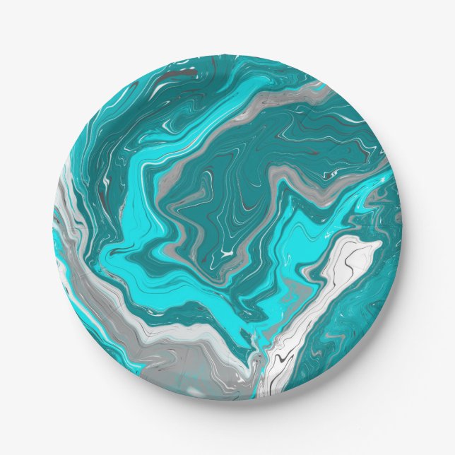 Blue, Teal and Turquoise Marble Fluid Art   Paper Plate (Front)