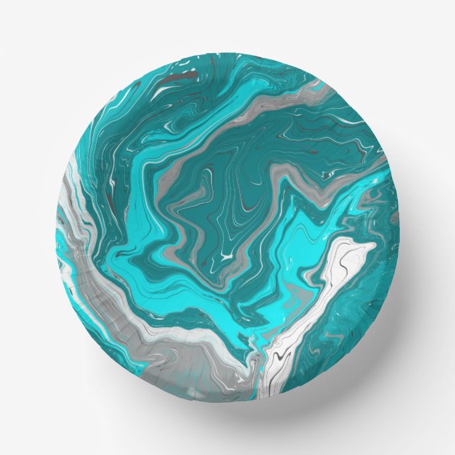 Blue, Teal and Turquoise Marble Fluid Art   Paper Plate (Front)