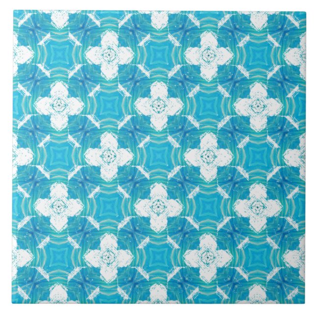 Blue, Teal, and White Floating Flowers Pattern Tile (Front)
