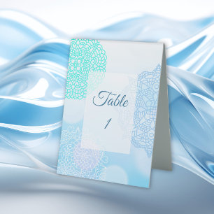 Blue, Teal and White Mandala Wedding Table Card 