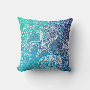 Blue Teal Aqua Starfish Seashells Sealife Coral Cushion