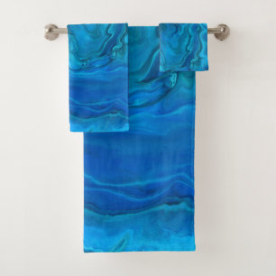 Blue Teal Aquamarine Marble Acrylic Abstraction   Bath Towel Set