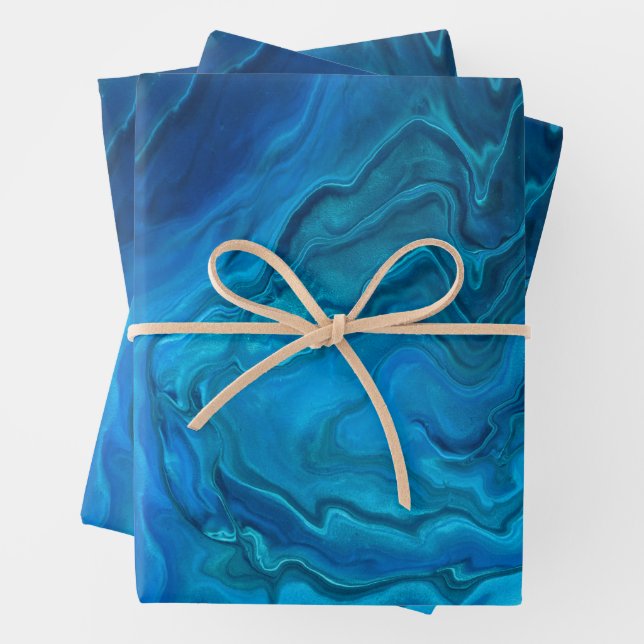 Blue Teal Aquamarine Marble Acrylic Abstraction Wrapping Paper Sheet (In situ)