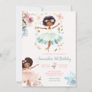 Blue Teal Ballerina Dark Skin Girl Birthday Invitation