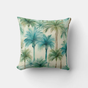 Blue Teal Beige Watercolor Palm Trees Tropical  Cushion