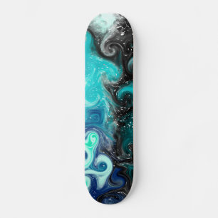 Blue, Teal, Black Marble Fluid Art Skateboard