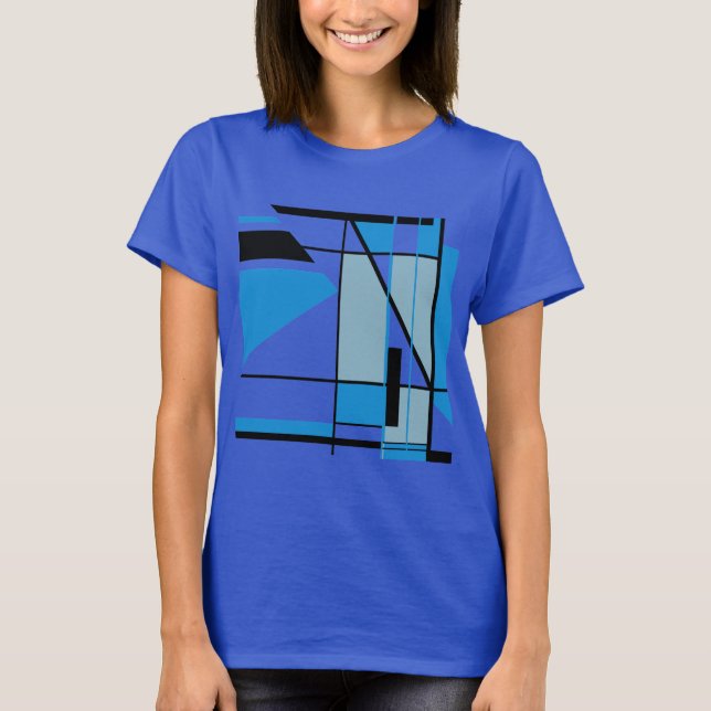 Blue Teal Black Mosaic MCM Look Geometric Abstract T-Shirt (Front)