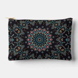 Blue Teal Black Pink Mandala Boho Pattern Accessory Pouch