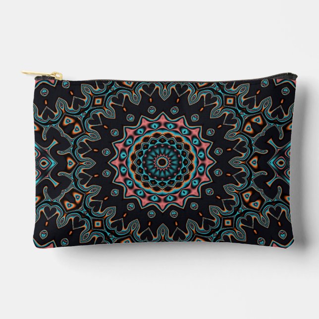 Blue Teal Black Pink Mandala Boho Pattern Accessory Pouch (Front)