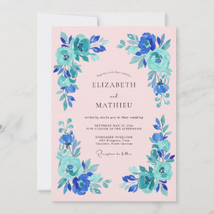 Blue Teal Bloom Romance Wedding Invitation