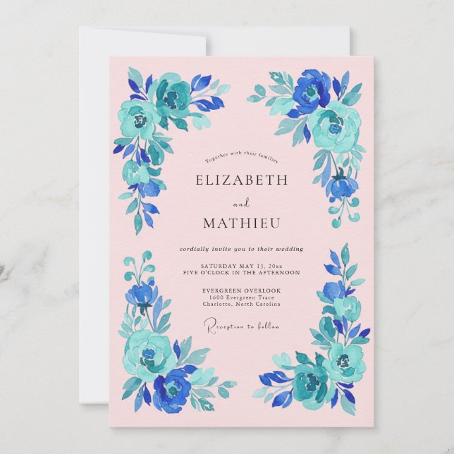 Blue Teal Bloom Romance Wedding Invitation (Front)