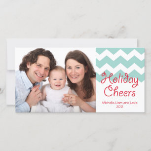 Blue teal chevron holiday cheers Christmas family Card