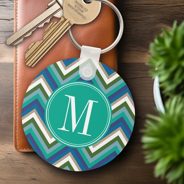 Blue & Teal Chevron Pattern with Monogram Key Ring (Personalized Keychain - Add Name or Monogram)