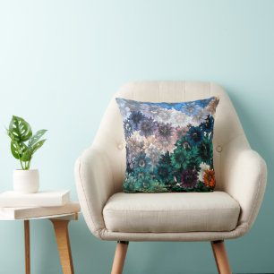 BLUE & TEAL CHRYSANTHEMUM FLORAL PATTERN CUSHION