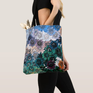 BLUE & TEAL CHRYSANTHEMUM FLORAL PATTERN TOTE BAG
