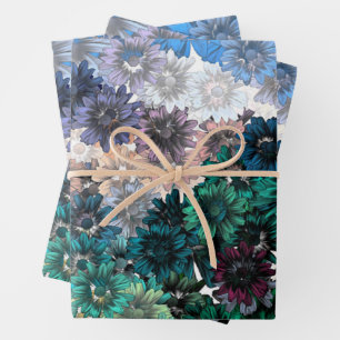 BLUE & TEAL CHRYSANTHEMUM FLORAL PATTERN WRAPPING PAPER SHEET