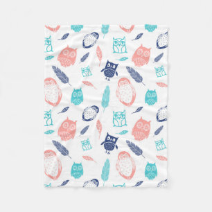 Blue Teal Coral Owls Feathers Pattern Blanket