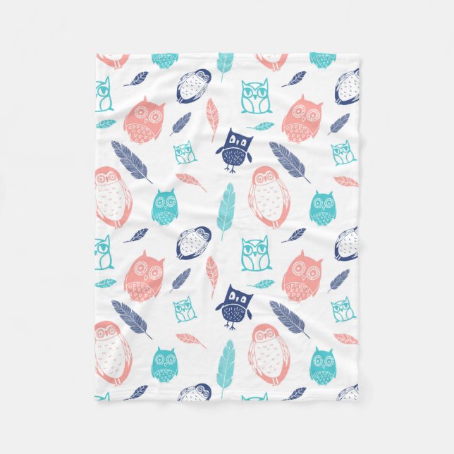 Blue Teal Coral Owls Feathers Pattern Blanket (Front)