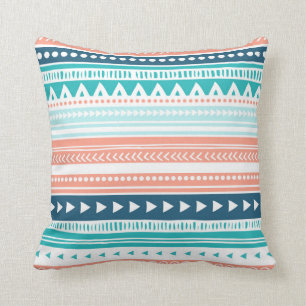 Blue Teal Coral Tribal Decorative Pillow
