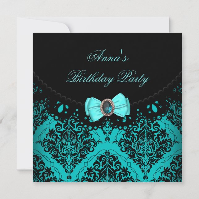 Blue Teal Damask Lace Elegant Birthday Party Invitation (Front)
