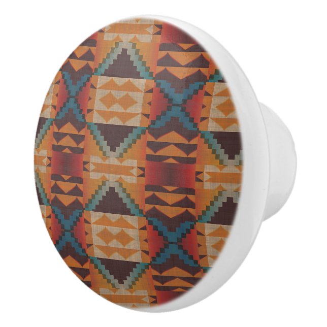 Blue Teal Dark Brown Beige Orange Red Tribal Art Ceramic Knob (Right)