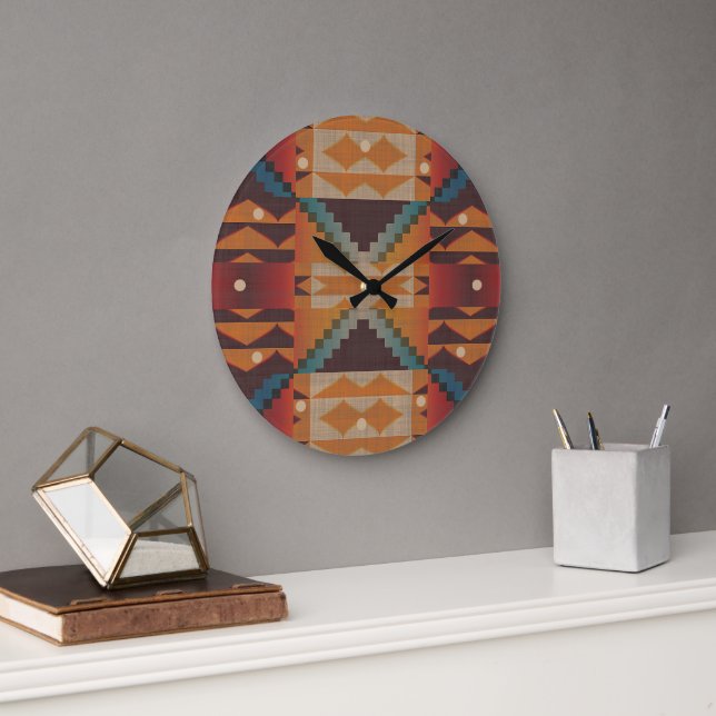 Blue Teal Dark Brown Beige Orange Red Tribal Art Large Clock (Office)