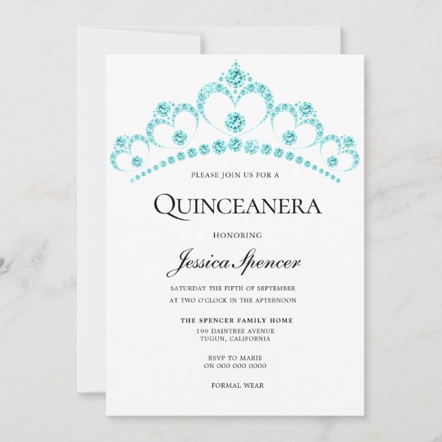 Blue Teal Diamond Tiara Quinceanera Party Invite (Front)