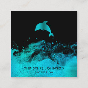 blue teal dolphin on black square business card
