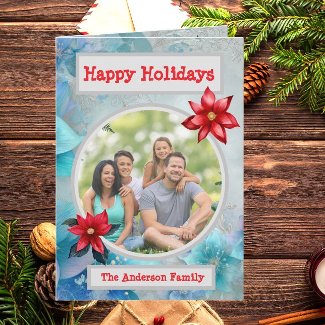 Blue Teal Floral  Elegant Family Photo Holiday  Card (Creator Uploaded)