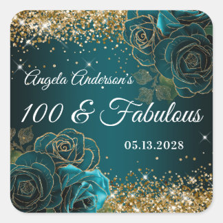 Blue Teal Floral Gold Glitter Glam 100 & Fabulous Square Sticker