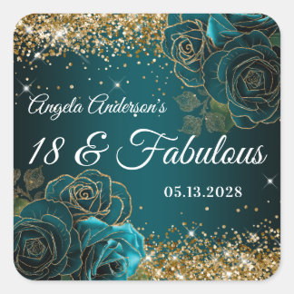 Blue Teal Floral Gold Glitter Glam 18 & Fabulous Square Sticker