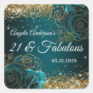 Blue Teal Floral Gold Glitter Glam 21 & Fabulous Square Sticker
