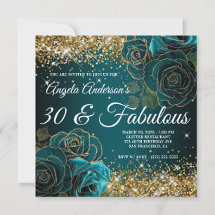 Blue Teal Floral Gold Glitter Glam 30 & Fabulous Invitation