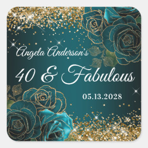 Blue Teal Floral Gold Glitter Glam 40 & Fabulous Square Sticker