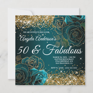 Blue Teal Floral Gold Glitter Glam 50 & Fabulous Invitation