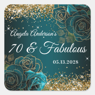 Blue Teal Floral Gold Glitter Glam 70 & Fabulous Square Sticker