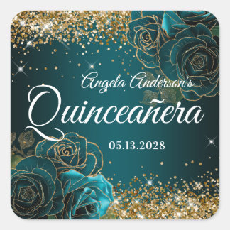 Blue Teal Floral Gold Glitter Glam Quinceañera Square Sticker