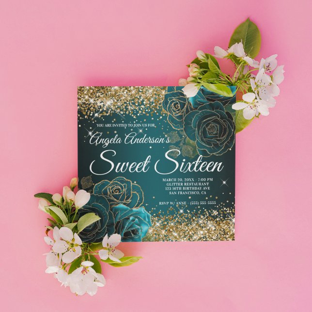 Blue Teal Floral Gold Glitter Glam Sweet Sixteen Invitation (Create your own Sweet 16 birthday invitation for her.)