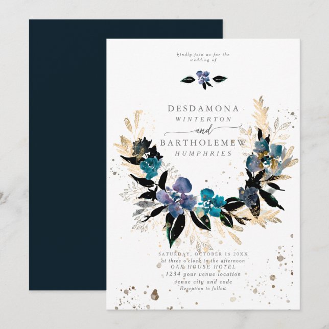 Blue teal Floral Wedding Bouquet Invitation (Front/Back)