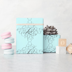 Blue Teal Flourished LOVE Baby Boy Calligraphy Wrapping Paper