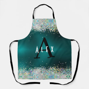 Blue Teal Glitter Monogram Add Your Name + Initial Apron