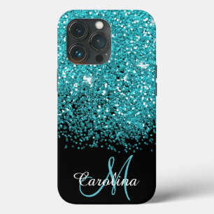 Blue, Teal, Glitter, Name and Monogram, Girly Case