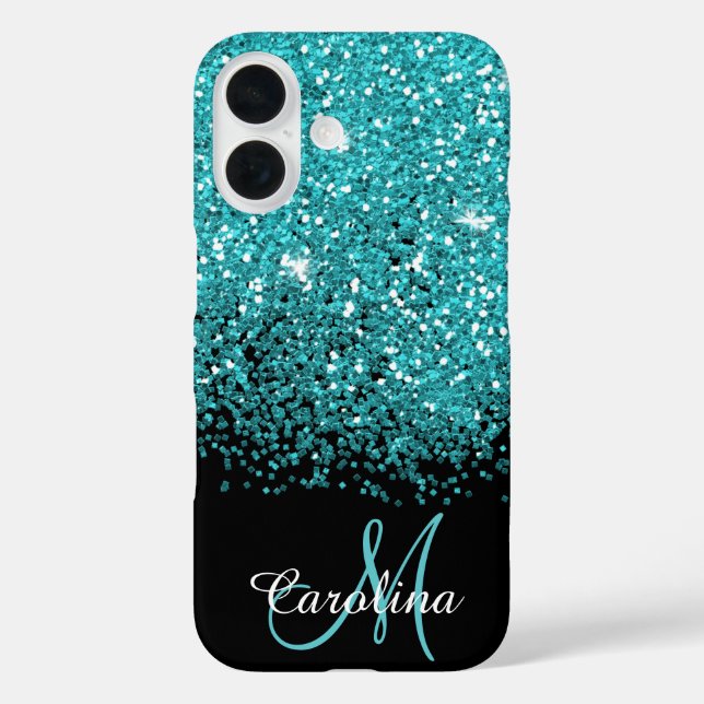Blue, Teal, Glitter, Name and Monogram, Girly Case-Mate iPhone Case (Back)