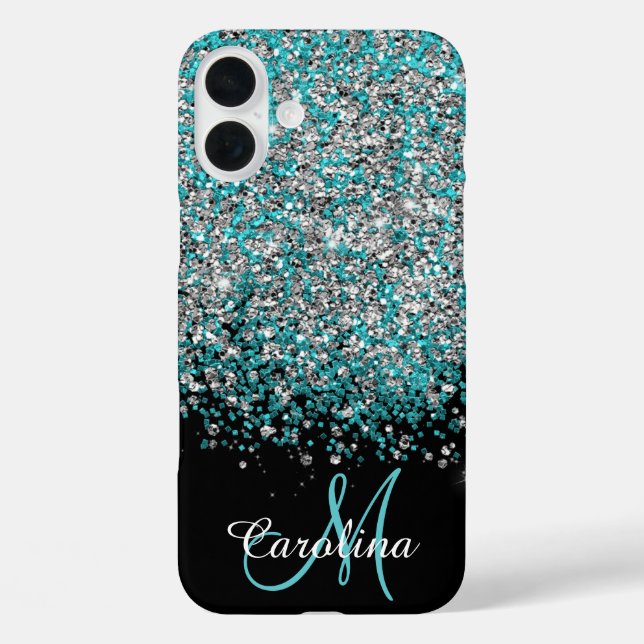 Blue, Teal, Glitter, Name and Monogram, Girly Case-Mate iPhone Case (Back)