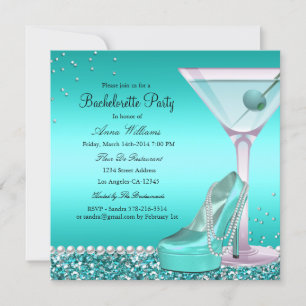 Blue Teal Glitter Pearl Bachelorette Party Invite