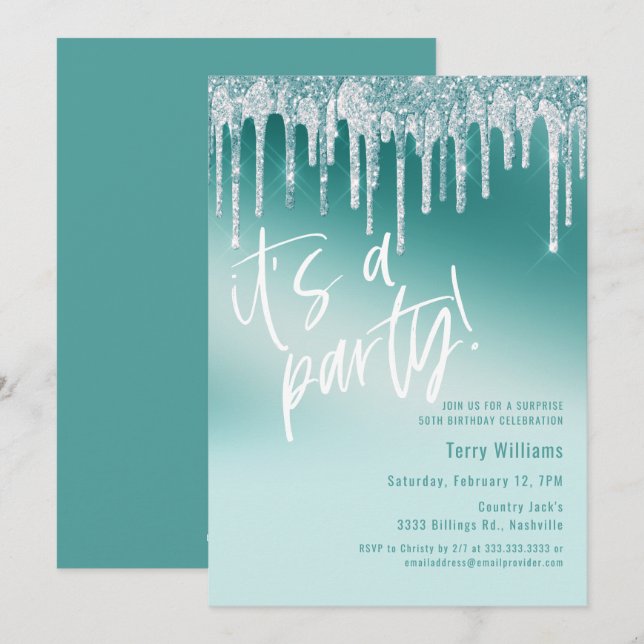 Blue Teal Glitter Surprise 50th Birthday Party Invitation (Front/Back)