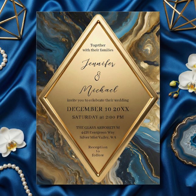 Blue Teal Gold Agate Marble Geometric Wedding Invitation (Creator Uploaded)